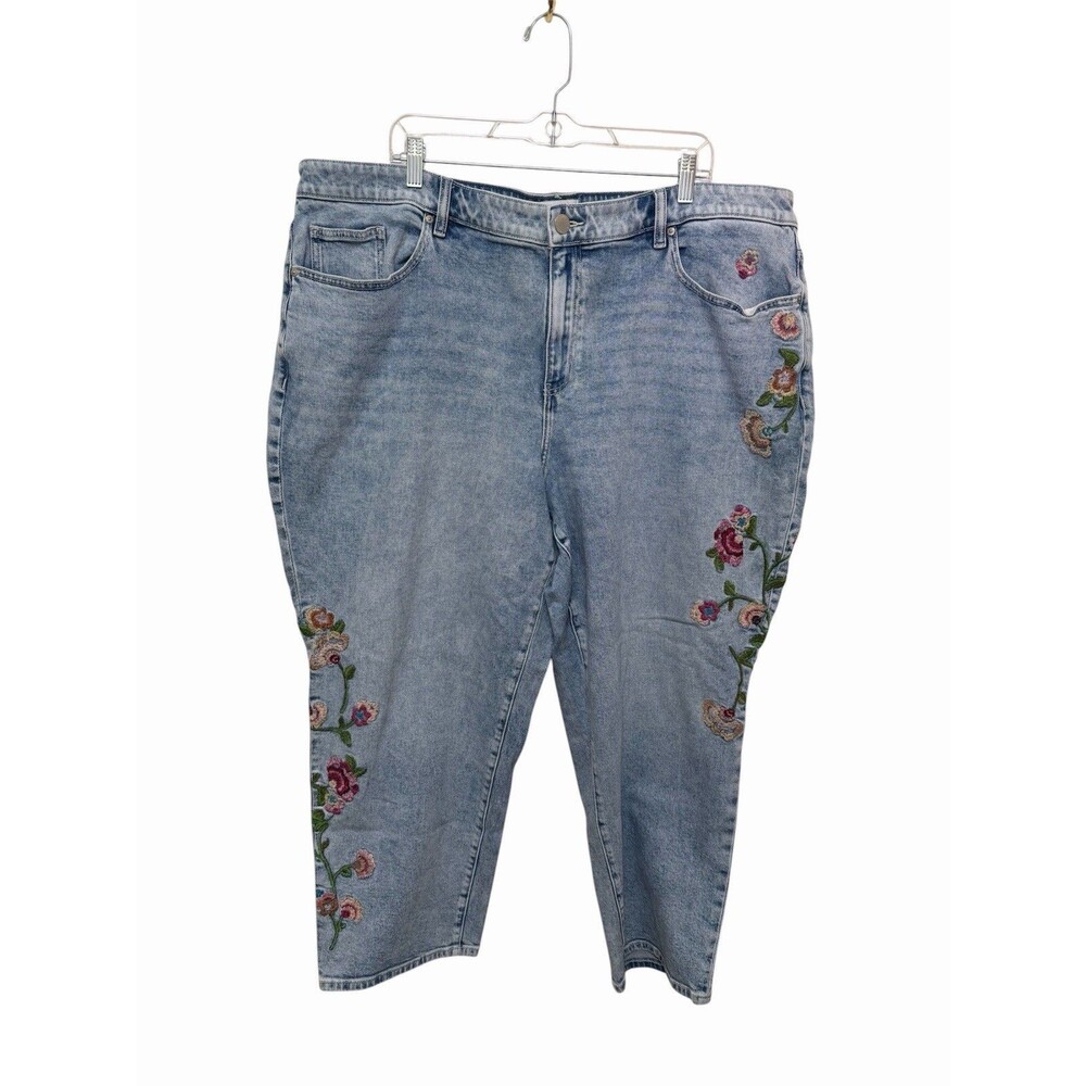 Lane Bryant Mid-Rise Boyfriend Jeans Floral Embroidered Cropped Sz 22 Boho